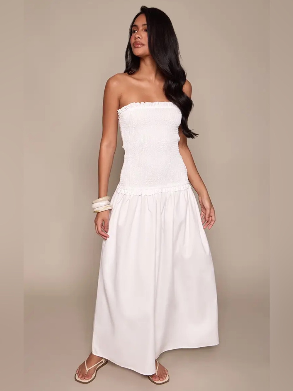 PrettyLittleThing White Smocked Bodice Maxi Dress Womens size 4 NWT